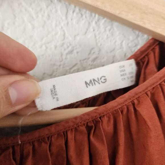 MNG Shirred Eyelet Crop Puff Sleeve Ruffle Top Terracotta Boho Prairie Peplum 2 - Picture 11 of 12